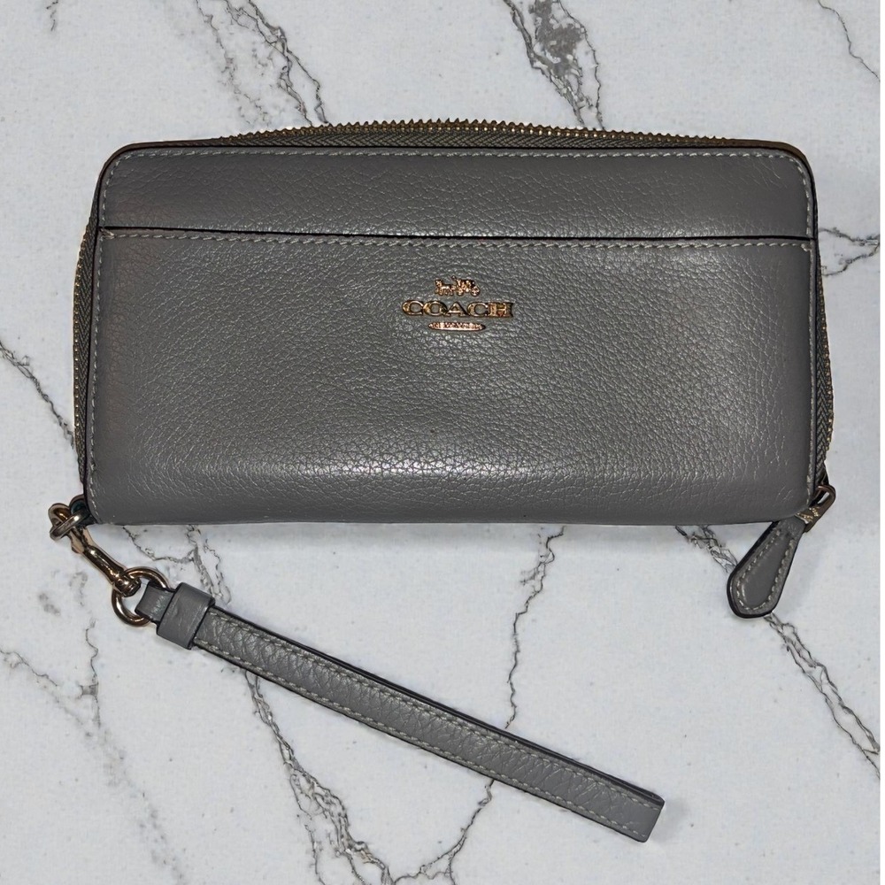 Coach Accordion Zip Wallet & Wristlet Strap Women's Heather Grey Pebbled Leather - Picture 4 of 12